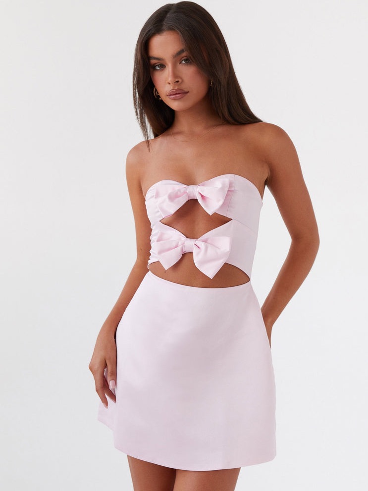 Peppermayo Strapless Light Pink Bow Cutout Mini Dress